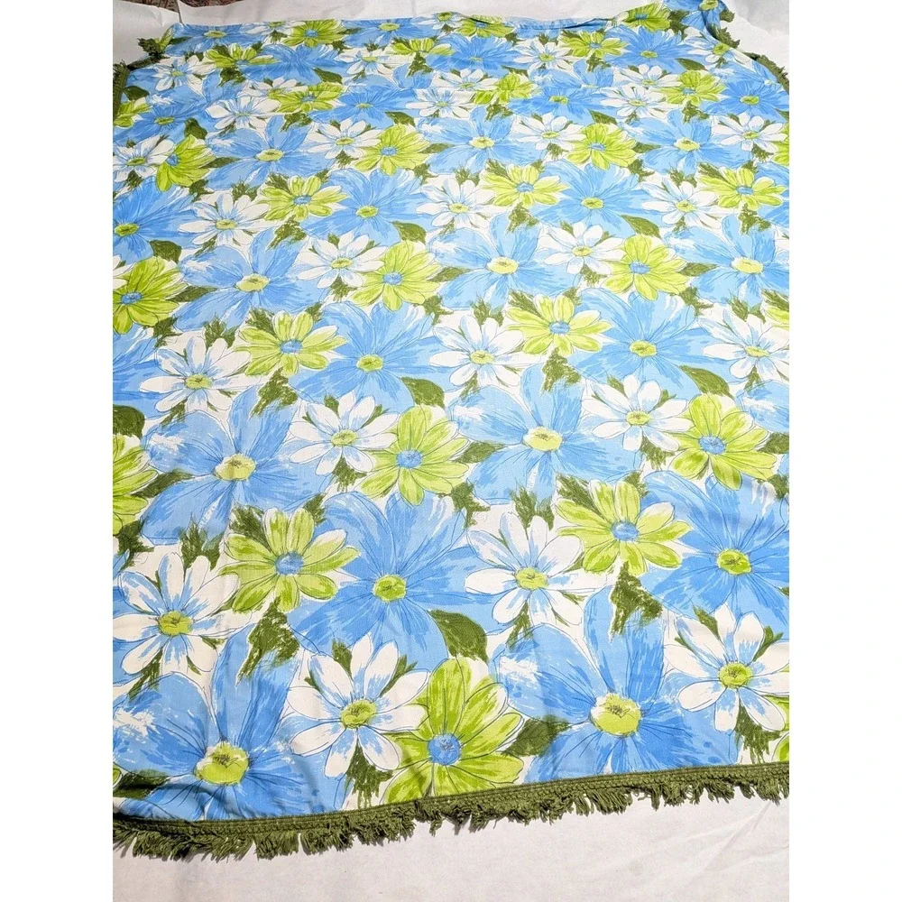 VTG Cannon Royal Family Queen Bedspread Mod 60s 70s Floral Fringe Green Blue